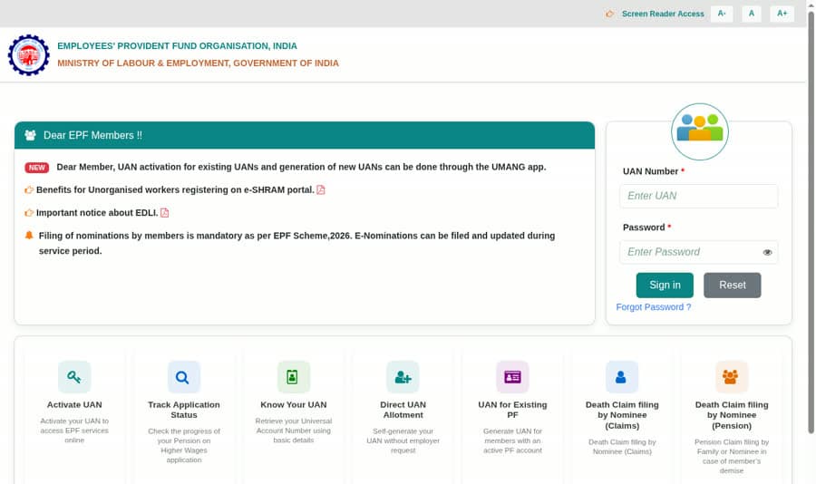 Screenshot of the Member portal sign-in page